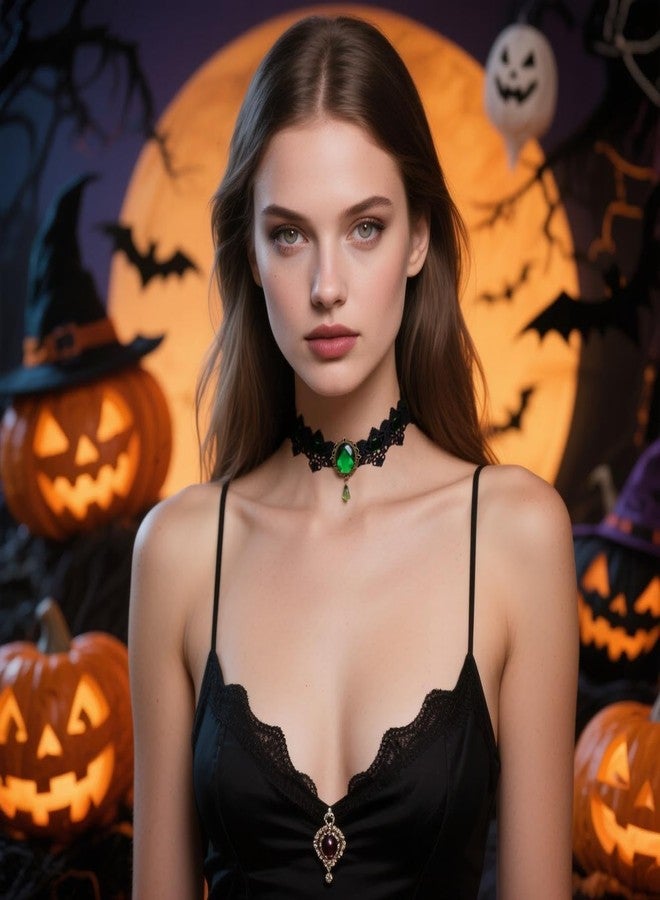 Starwo Gothic Vampire Lace Necklace for Women Retro Victoria Vampire Velvet Choker Necklaces Black Punk Oval Witch Lace Pendant Necklace Halloween Vampires Witch Party Custume Accessories Style2 - Image 2